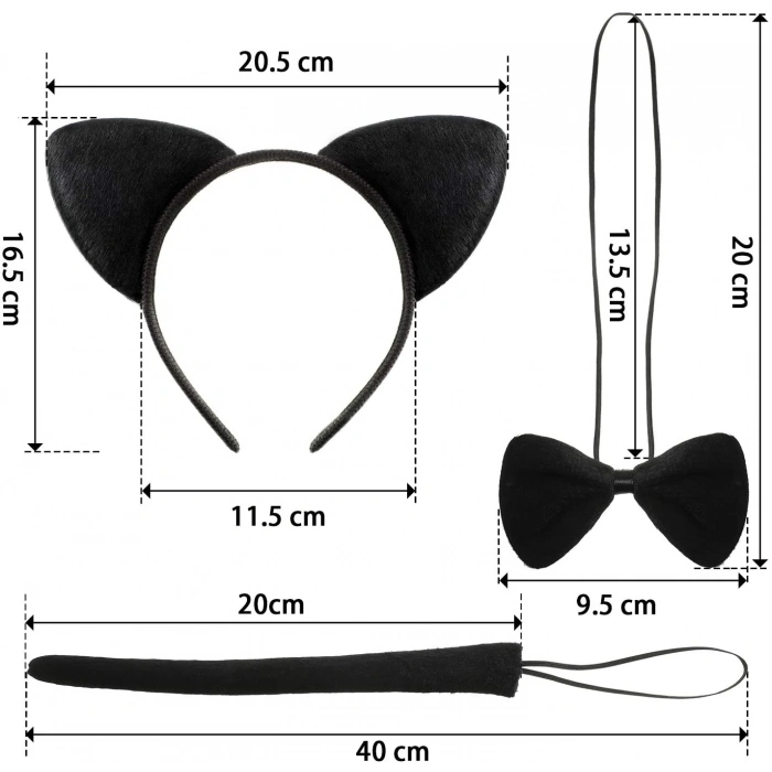 Kedi Kostüm Taç Kuyruk Papyon Seti 1 Adet (4887)