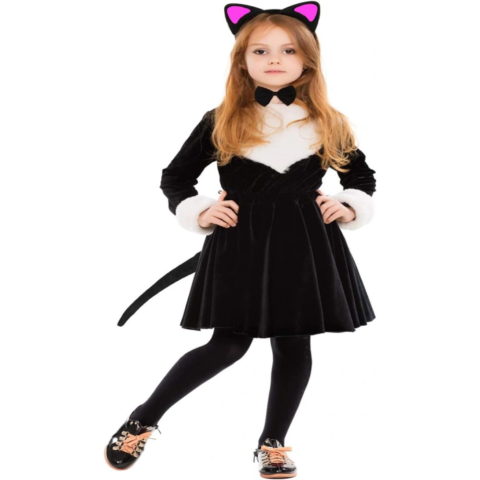 Kedi Kulak Taç Kuyruk ve Papyon 3 lü Set Çocuk Boy Fuşya Renk (4887)