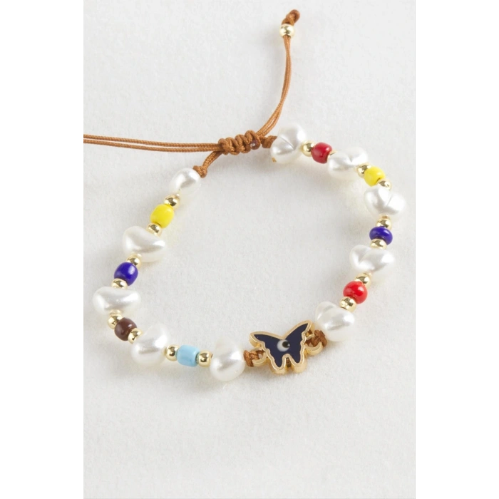 Kelebek Boncuk İnci Makrome İp Bileklik
