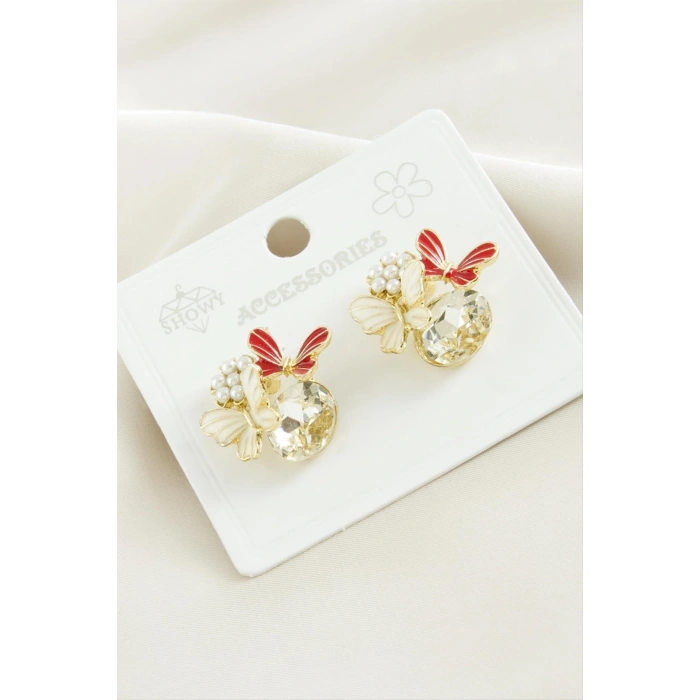 Kelebek İnci Taşlı Metal Küpe