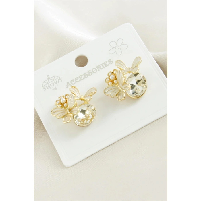 Kelebek İnci Taşlı Metal Küpe