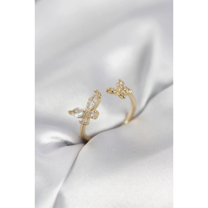 Kelebek Model Zirkon Taşlı Gold Renk Kadın Yüzük - TJ-BYK4078