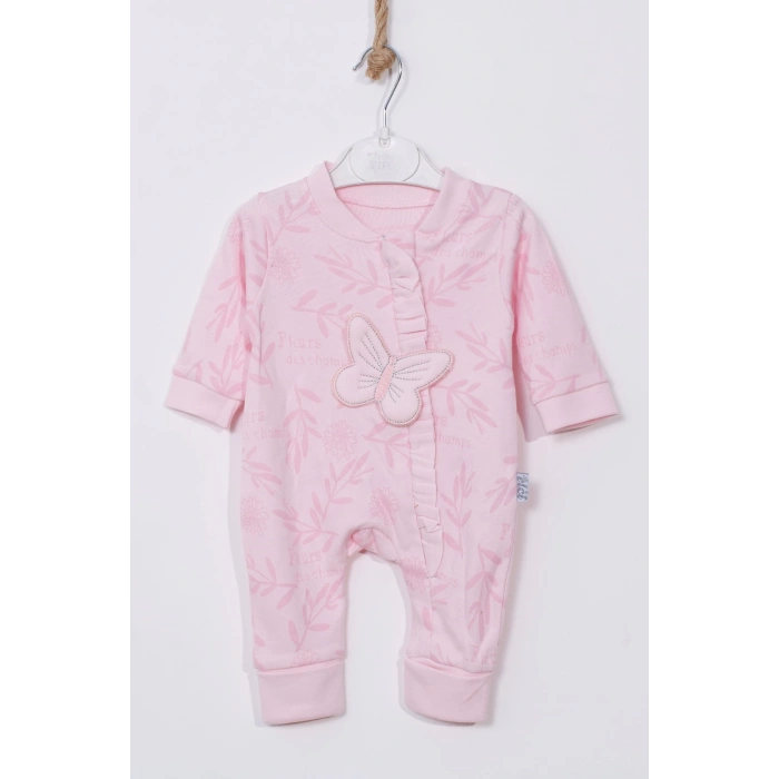 Kelebek Nakışlı % 100 Pamuk Ayaklı Kız Bebek Tulumu