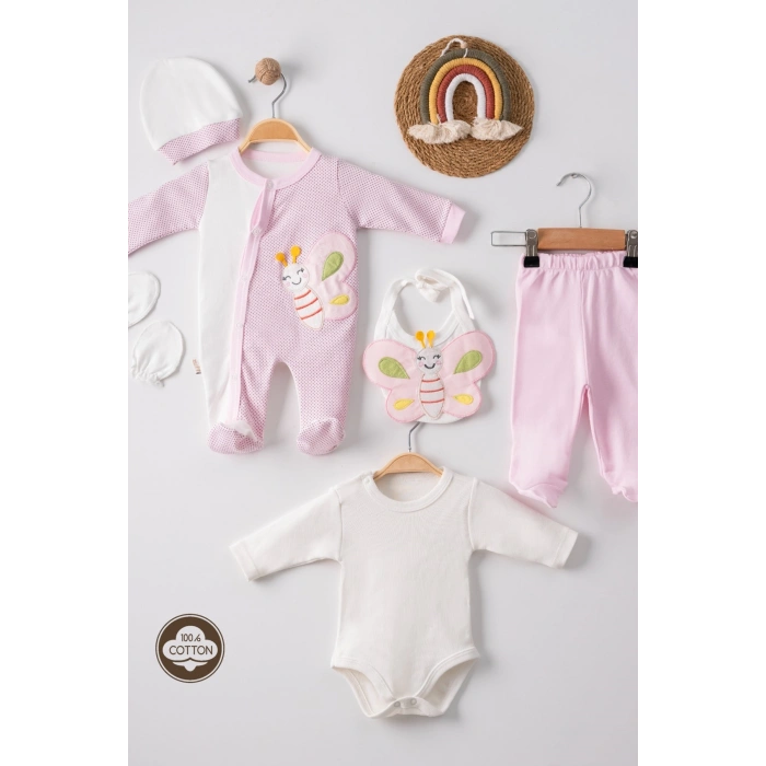 Kelebek Nakışlı Puanlı Tulumlu % 100 Pamuk Kız Bebek 5li Set
