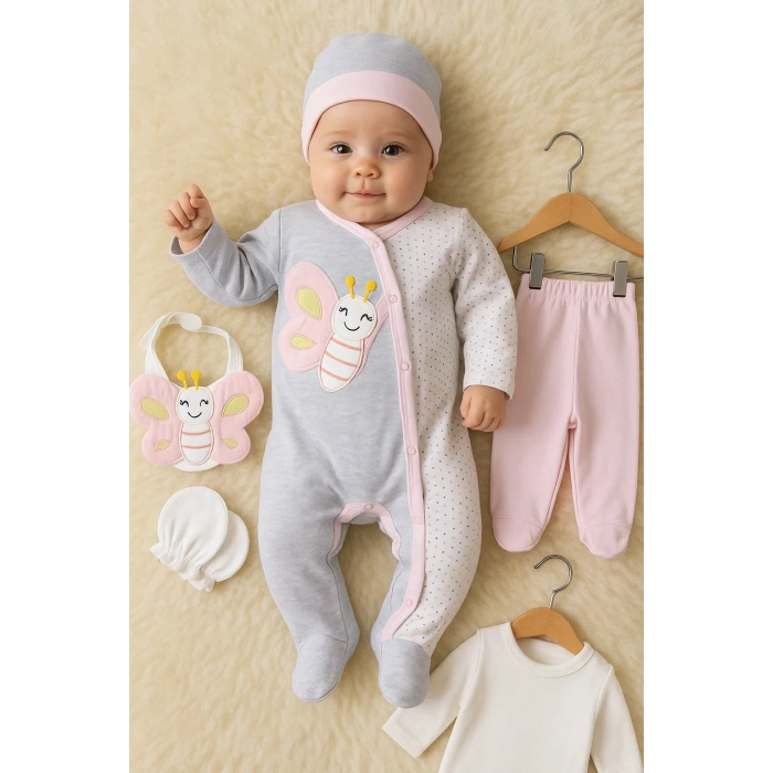 Kelebek Nakışlı Tulumlu % 100 Pamuk Kız Bebek 5li Set