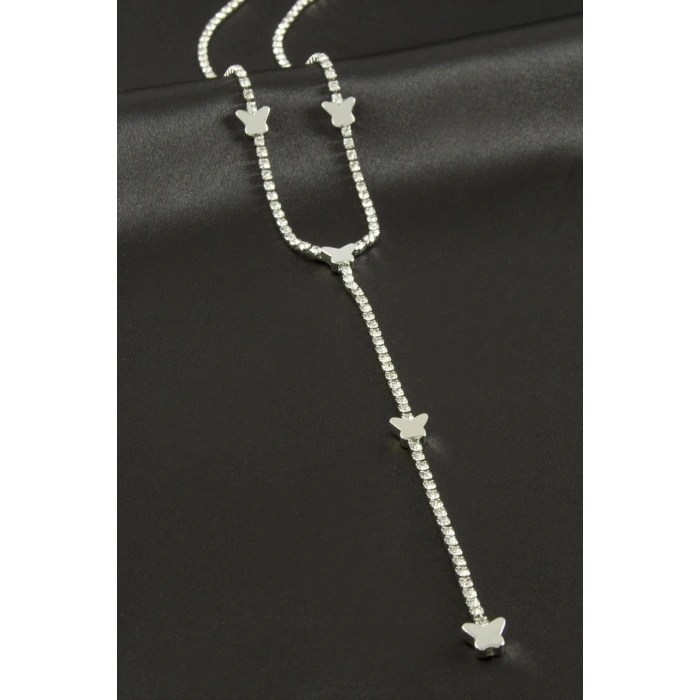 Kelebek Şerit Taşlı Çelik Y Kolye