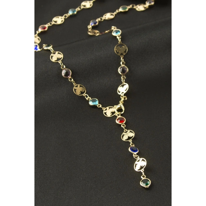 Kelebek Taşlı Çelik Y Kolye