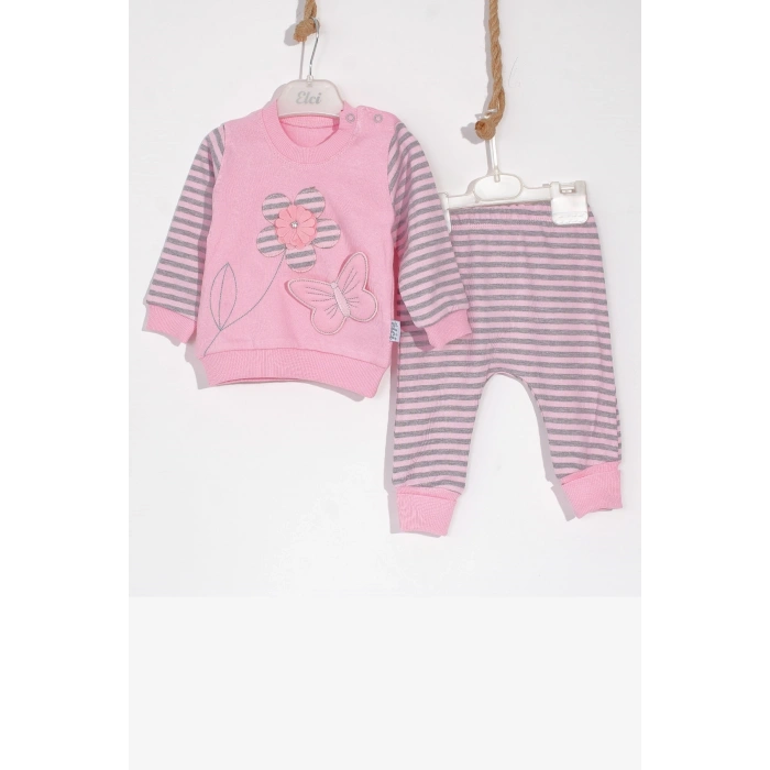 Kelebekli Çiçek Nakışlı Pamuklu 2li Kız Bebek Takımı