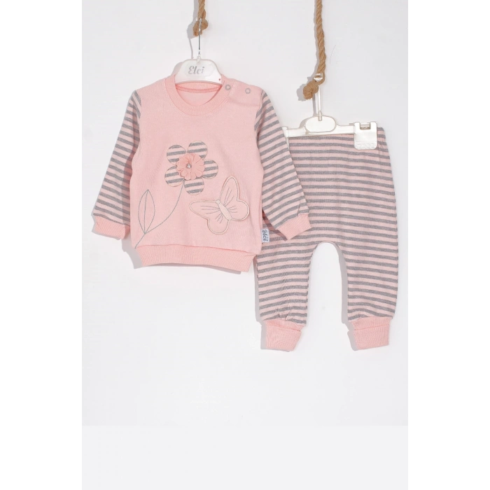 Kelebekli Çiçek Nakışlı Pamuklu 2li Kız Bebek Takımı