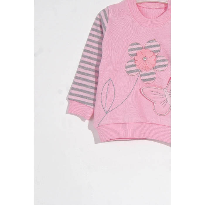 Kelebekli Çiçek Nakışlı Pamuklu 2li Kız Bebek Takımı