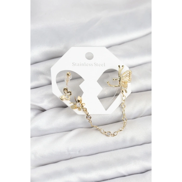 Kelebekli Model Pirinç Gold Renk Zincir Bağlantılı Ear Cuff Küpe Seti - TJ-BKP11544