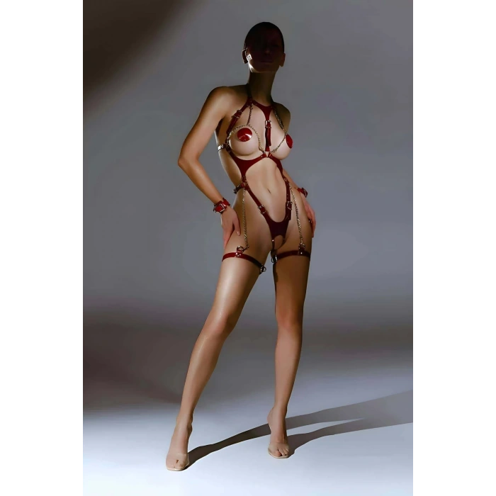 Kelepçeli Deri Body Harness, Ağı Açık Fantazi Deri String Takım - Brf1098