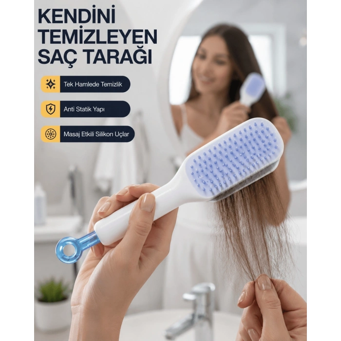Kendini Temizleyen Ergonomik Saç Tarağı – ABS Gövde, Silikon Diş