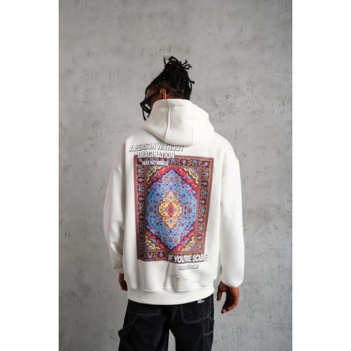 Kilim Desen Kapüşonlu Sweat- Beyaz