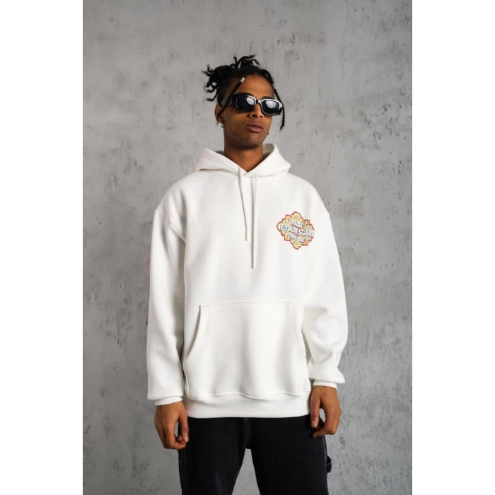 Kilim Desen Kapüşonlu Sweat- Beyaz