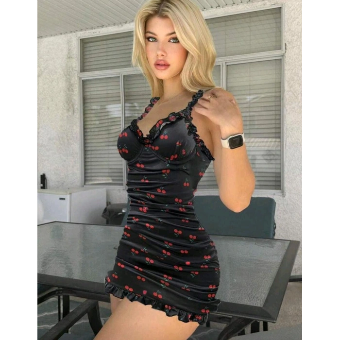 Kiraz Baskılı Mini Elbise | Siyah Üzeri Kırmızı Desenli, Beden Saran