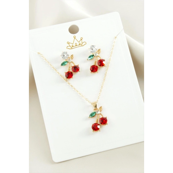 Kiraz Zirkon Taşlı Set Kolye
