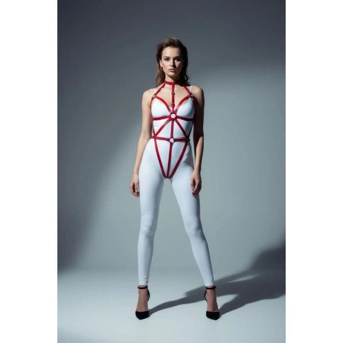 Kırmızı Body Harness Kadın Deri Metal Halka Detaylı - Brf243