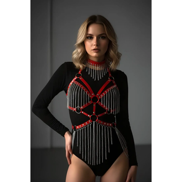 Kırmızı Body Harness Kadın Deri Zincir Detaylı Vücut Aksesuarı - Brf1397