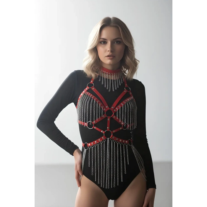 Kırmızı Body Harness Kadın Deri Zincir Detaylı Vücut Aksesuarı - Brf1397