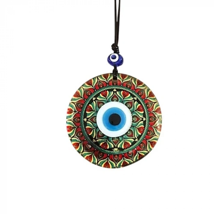 Kırmızı Çiçek Desenli Ve Nazar Boncuklu El Yapımı Füzyon Cam Duvar Süsü