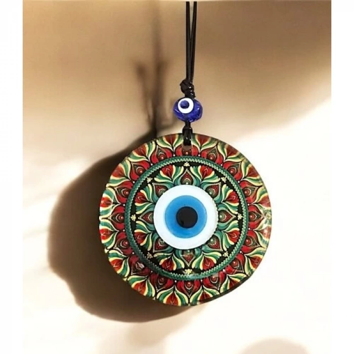 Kırmızı Çiçek Desenli Ve Nazar Boncuklu El Yapımı Füzyon Cam Duvar Süsü