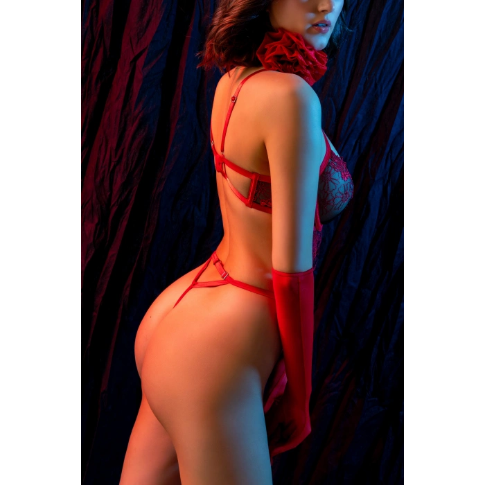 Kırmızı Dantel Jartiyerli 3’lü Fantazi İç Giyim Takımı, Transparan Ayarlanabilir Askılı,Kadın İç Giyim