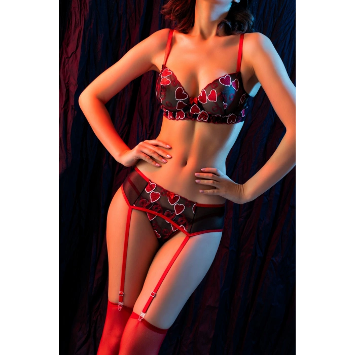 Kırmızı Dantel Jartiyerli 4’lü Fantazi İç Giyim Takımı,Transparan Ayarlanabilir Askılı,Kadın İçGiyim