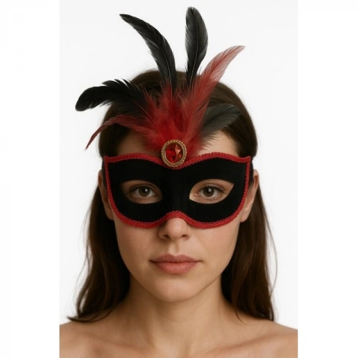 Kırmızı Dantelli Siyah Kırmızı Tüylü Siyah Süet Kaplama Parti Maskesi 17x25 cm