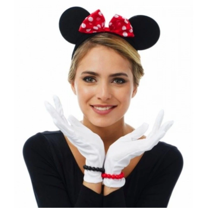 Kırmızı Fiyonklu Minnie Mouse Tacı ve Beyaz Eldiven Seti (4887)