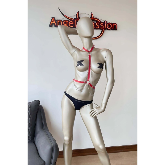 Kırmızı Göğüs Dekolteli Şık Harness