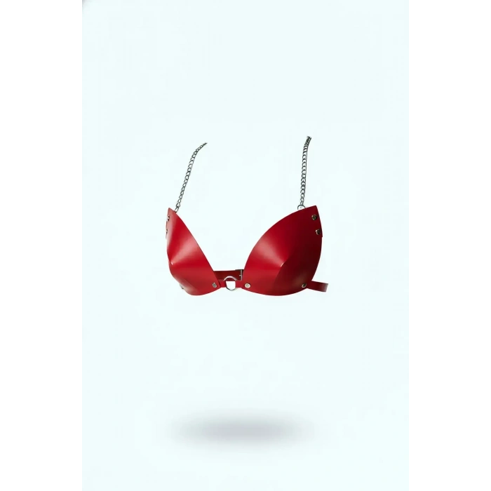 Kırmızı Göğüs Harness Parlak Deri Konik Kap Zincir Detaylı - Brf1227