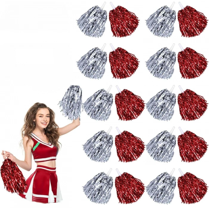 Kırmızı Gümüş Metalik Dolgun Gösteri Ponponu 20 Adet (10 Çift)