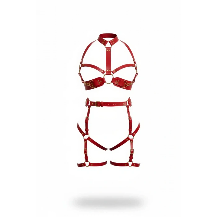 Kırmızı Harness Takım Altın Tokalı Zincir Detaylı Deri Set - Brf1016