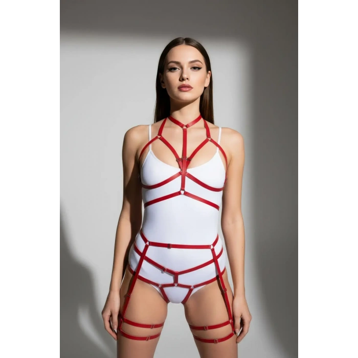 Kırmızı Harness Takım Boyun Detaylı Vücut Jartiyer Seti - Brf142