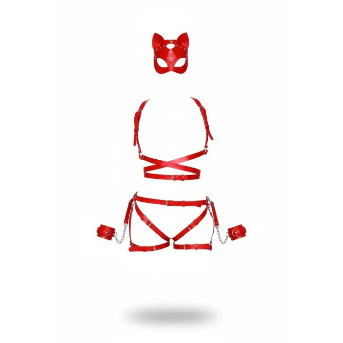 Kırmızı Harness Takım Deri Kedi Maskeli Zincir Detaylı - Brf1036