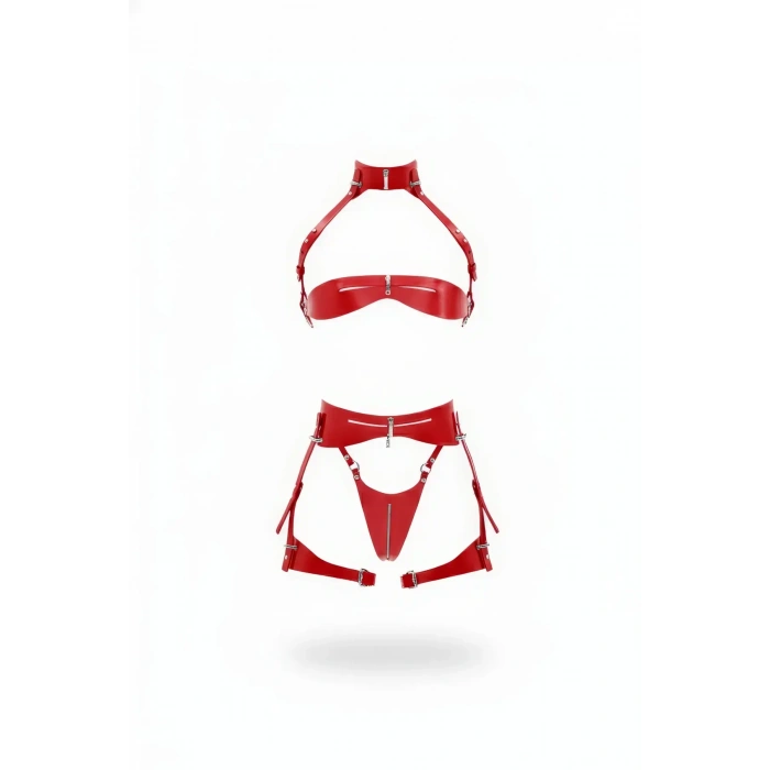 Kırmızı Jartiyer Harness Parlak Deri Fermuarlı Takım - Brf1373