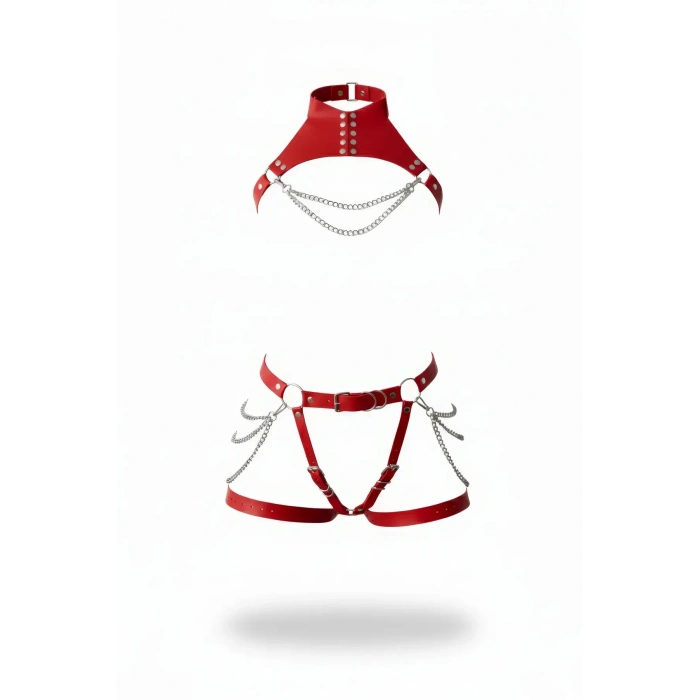 Kırmızı Jartiyer Harness Zincir Detaylı Deri Vücut Takımı - Brf1369