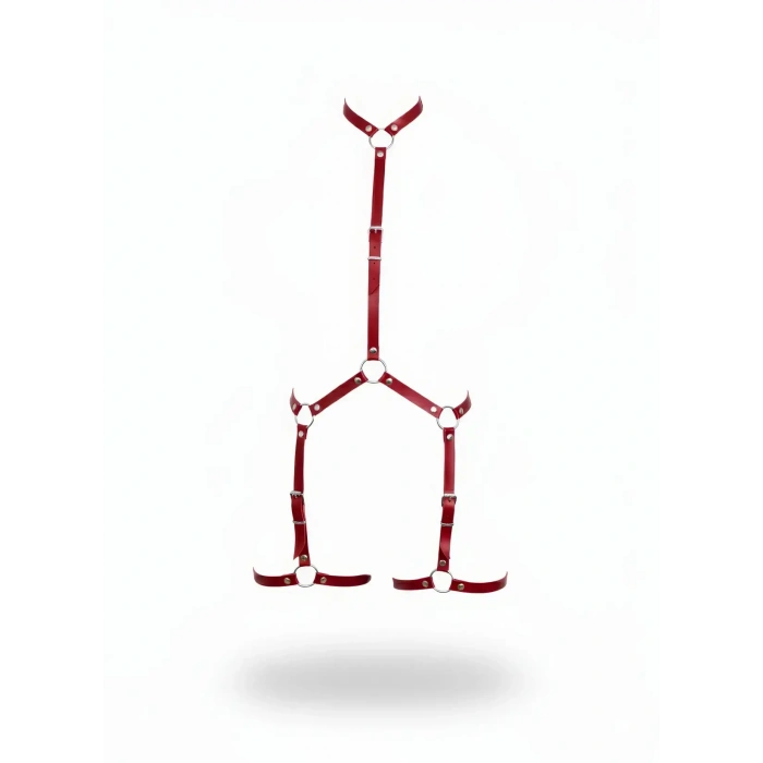 Kırmızı Kadın Body Harness Boyun Ve Bacak Detaylı Metal Halkalı - Brf234