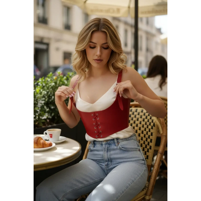 Kırmızı Kadın Kemer Bağcıklı Korse Stil Geniş Bel - Brf1428