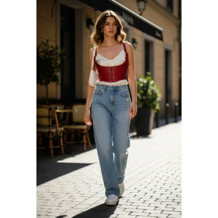 Kırmızı Kadın Kemer Bağcıklı Korse Stil Geniş Bel - Brf1428