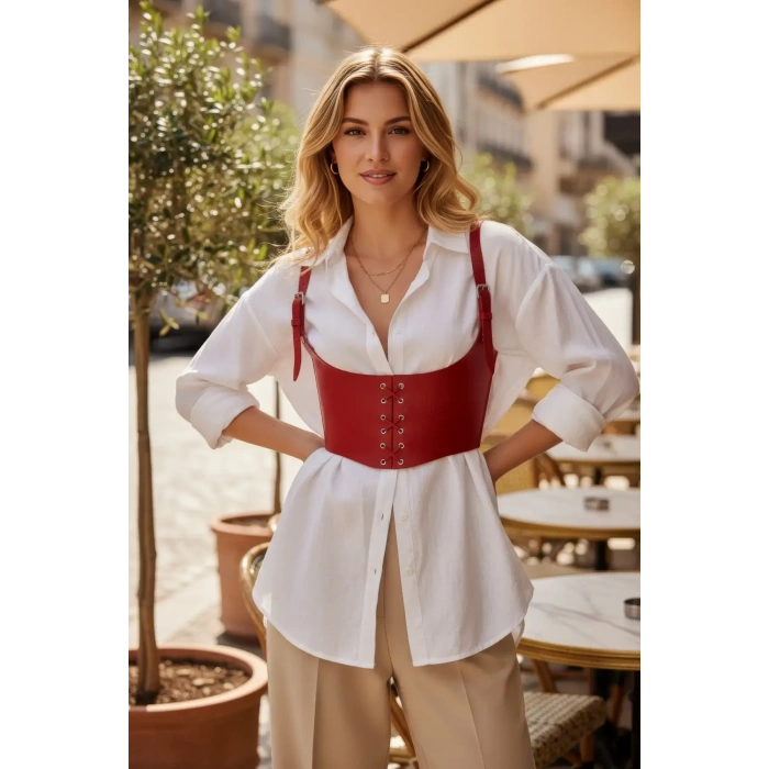 Kırmızı Kadın Kemer Bağcıklı Korse Stil Geniş Bel - Brf1428