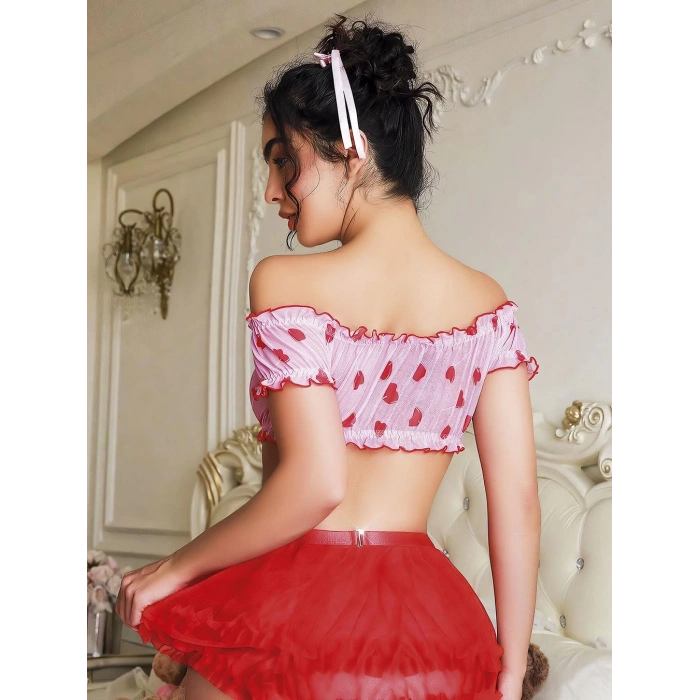 Kırmızı kalp desenli pembe etekli fantezi takım