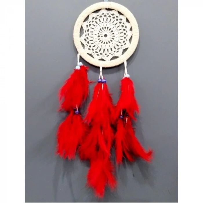 Kırmızı Kuş Tüylü Dream Catcher El Yapımı Düş Kapanı Duvar Süsü