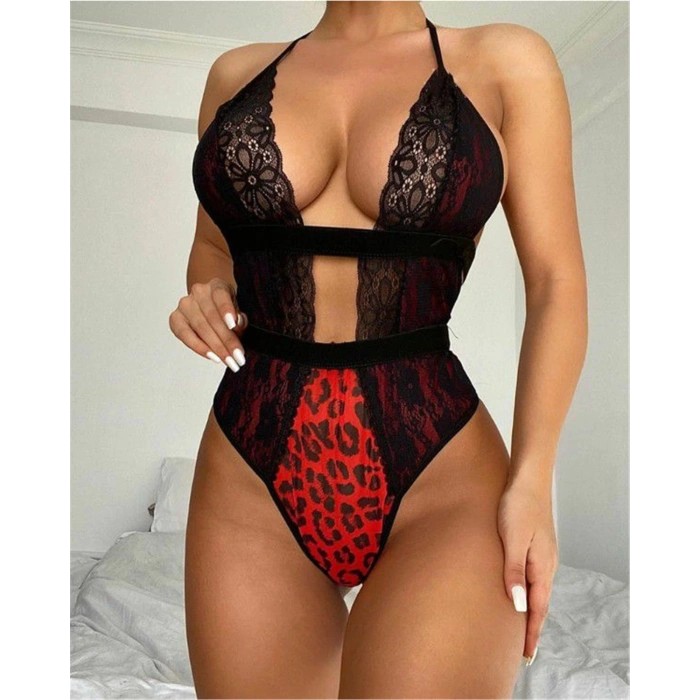 Kırmızı Leopar Desenli Dantel Detaylı Fantazi Mayokini