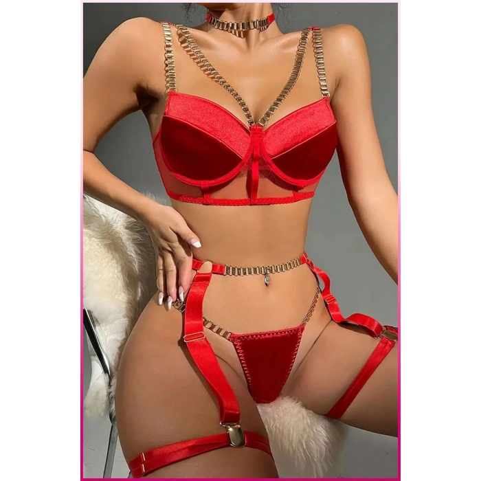 Kırmızı Merdüven Zincirli Göğüs Balenli Kadın Seksi Jartiyer Takım