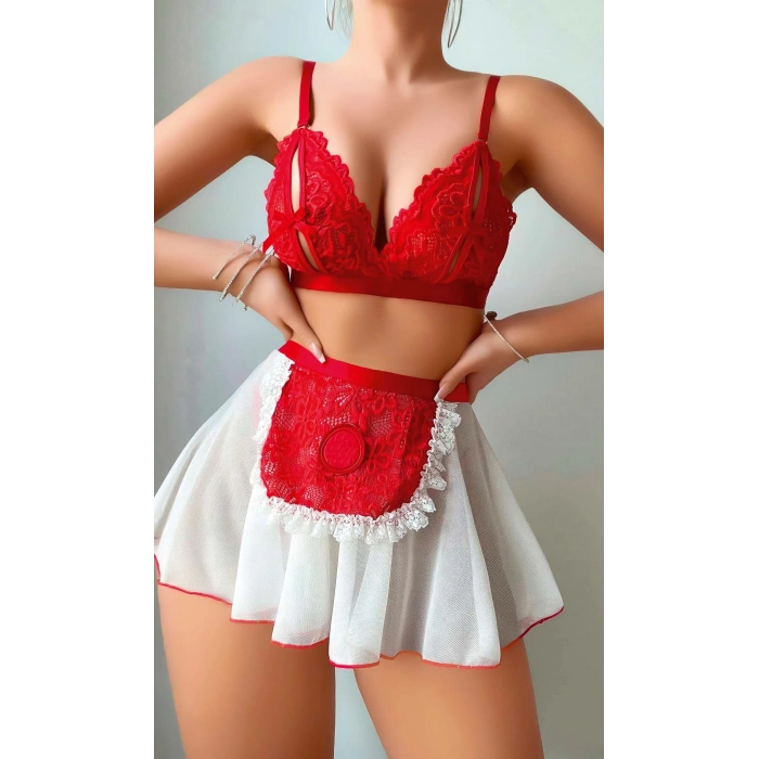 Kırmızı Puantiye Etekli Kadın Fantazi Kostüm 3819