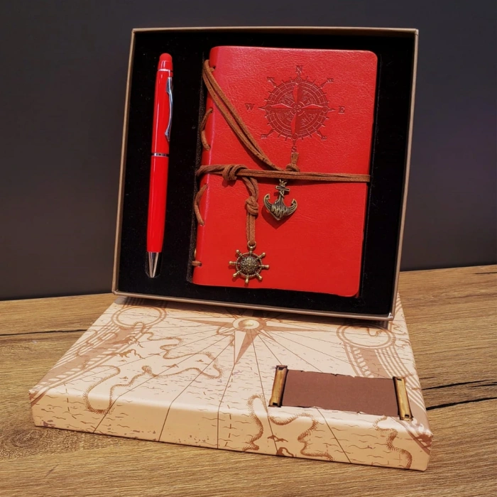 Kırmızı Pusula Tasarım Deri Defter Ve Touchpen Kalem Seti