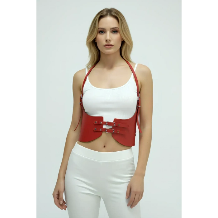 Kırmızı Renk Kalın Kadın Kemeri, Elbise Kemeri, Şık Deri Kemer, Deri Kemer Harness - Brf605