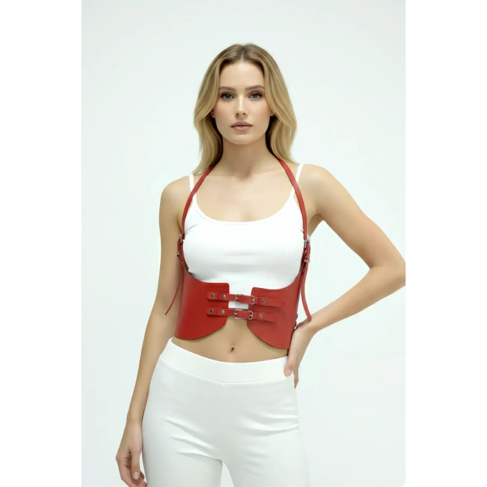 Kırmızı Renk Kalın Kadın Kemeri, Elbise Kemeri, Şık Deri Kemer, Deri Kemer Harness - Brf605